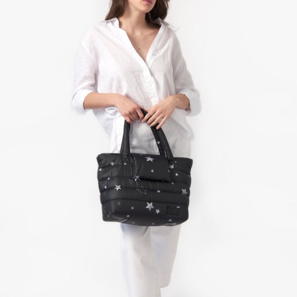 7AM Capri Crossbody Tote Bag in Print Black Stars